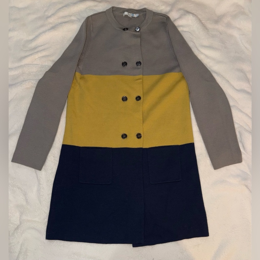 BODEN Wool Colorblock Striped Cardigan in Gray, Navy and Yellow Size 8